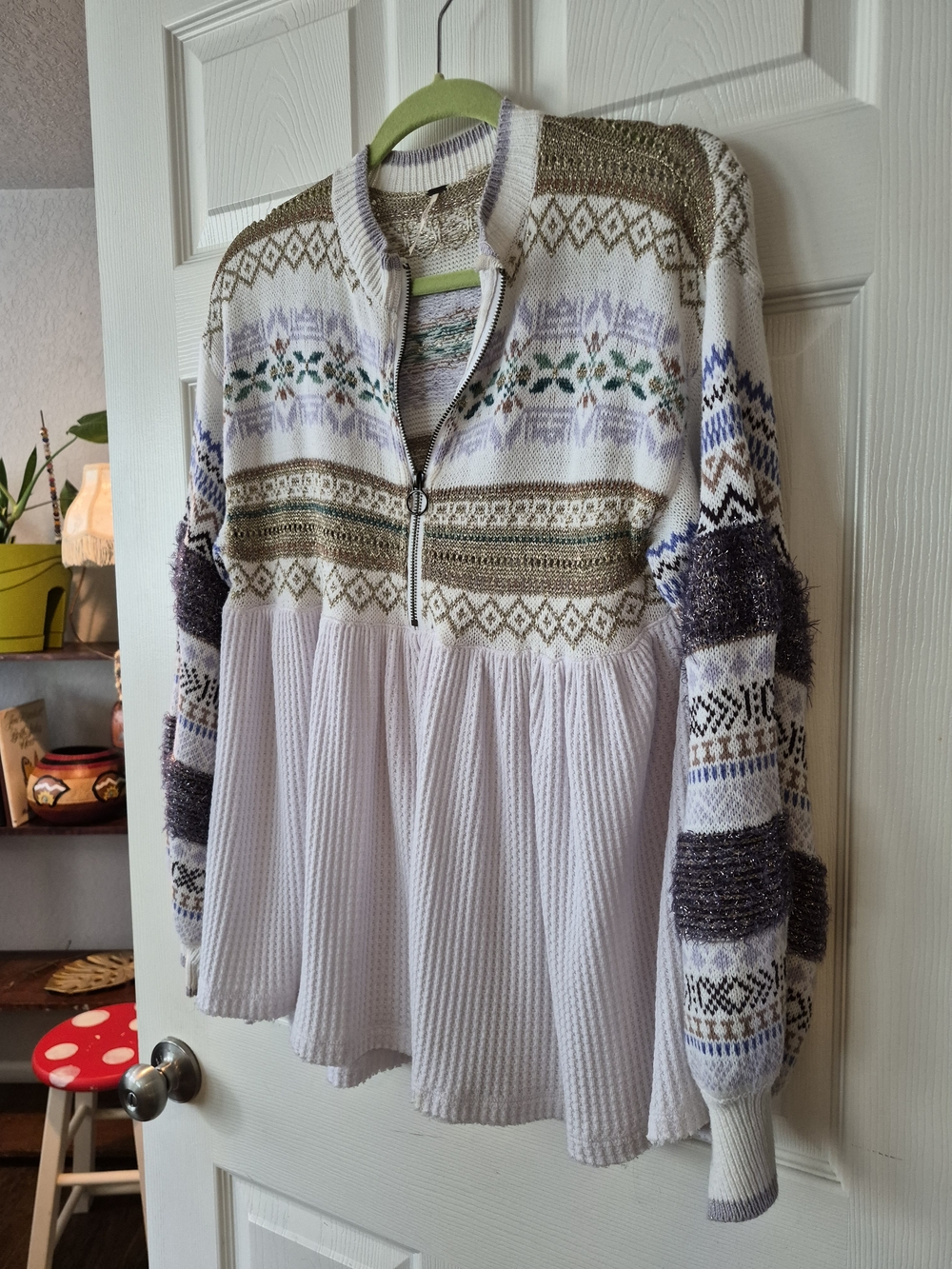 Free People White Waffle Knit Fair Isle Zip-Peplum Top